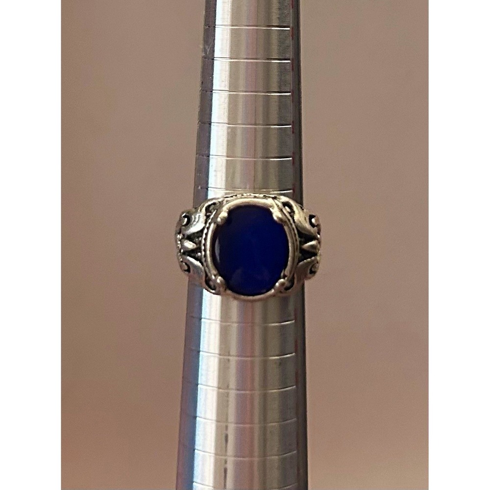 Silver Tone Cocktail Ring Oval Blue Cabochon Stone Filigree Size 7